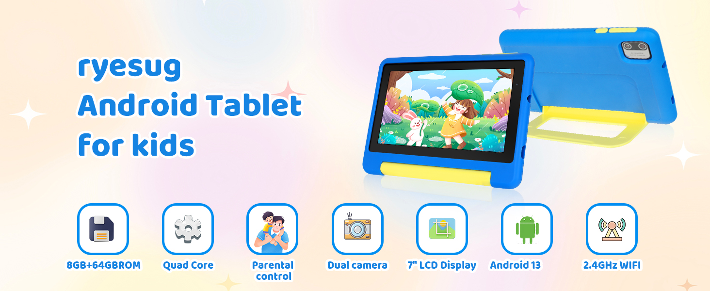 Text reads 'ryesug Android Tablet for kids'. Product banner with blue background showing tablet device and row of feature icons below.