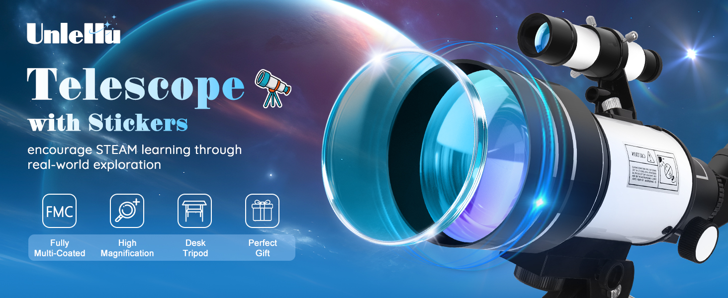Text reads 'Telescope'. Product shot of a blue and white telescope device with multiple lens features and technical specifications shown.