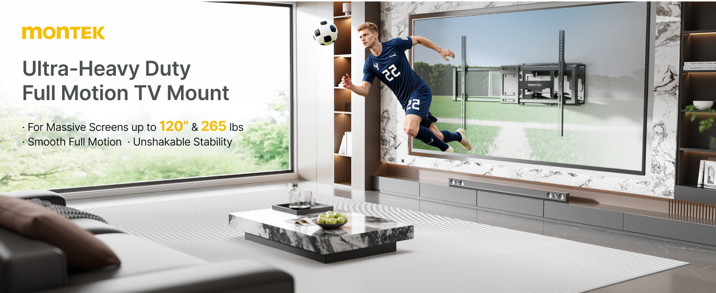 Text reads 'Ultra Heavy Duty Full Motion TV Mount'. Split image showing TV mount hardware and mounted TV on wall.