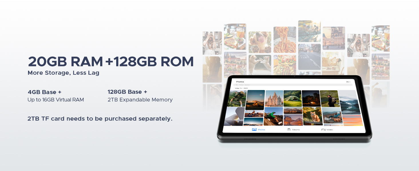 Text reads '20GB RAM + 128GB ROM'. Product showcase of a tablet device displaying multiple app windows or photo galleries.