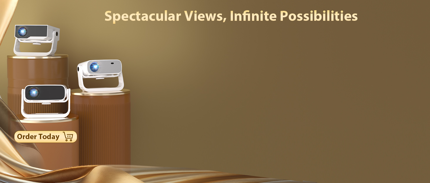 Three compact projectors with white and gray designs, displayed on wooden cylindrical stands. Text above reads 'Spectacular Views, Infinite Possibilities' with an 'Order Today' button below.