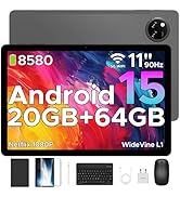 Text reads '4G LTE Android 15 8008 30GB RAM 256GB ROM'. Tablet device with triple rear cameras, displaying orange and white swirl background pattern.