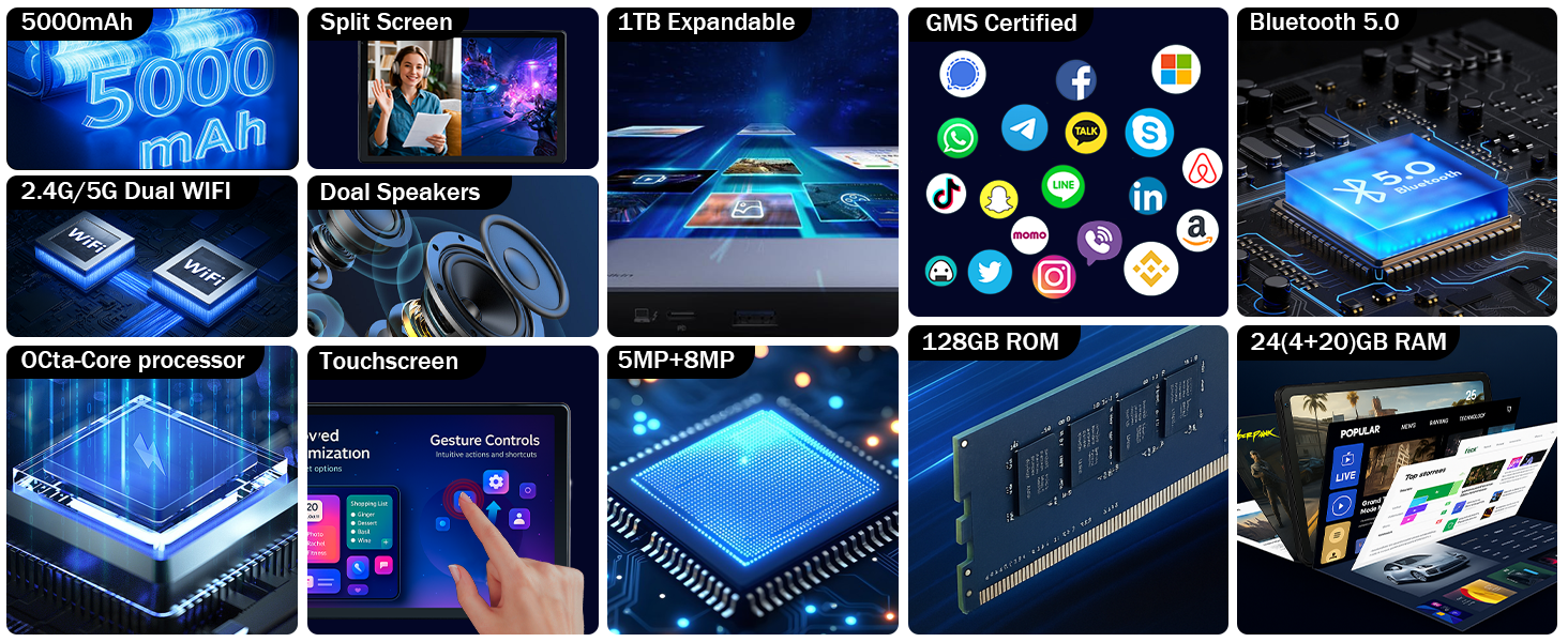 Collection of digital interface screens showing various blue-themed technological displays with graphs, charts, and interactive elements in a modern, futuristic style.