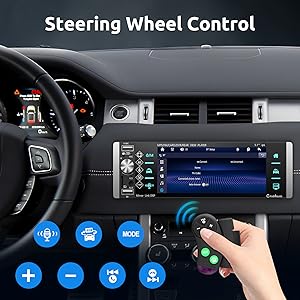 Car stereo unit display showing seven-color backlight options with digital interface and app icons. Rainbow spectrum demonstrates available backlight colors.