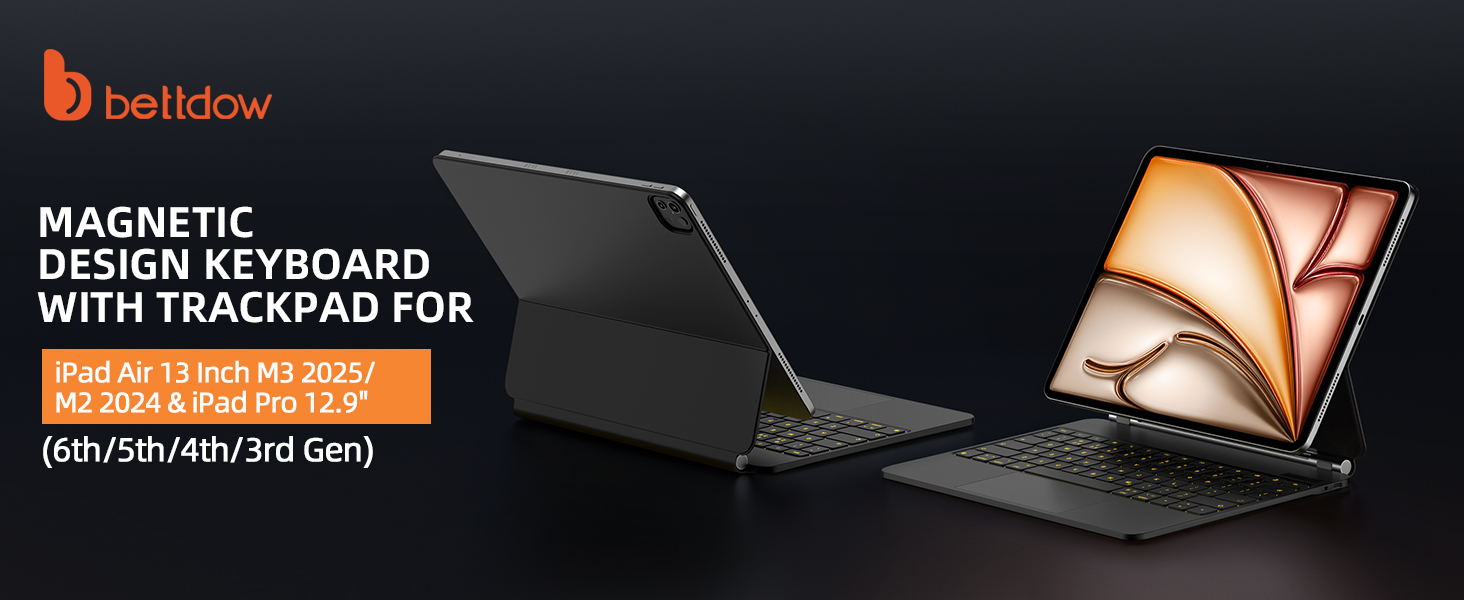 Magnetic keyboard with trackpad for iPad Air and iPad Pro. Features detachable design, shown with tablet in landscape mode. Compatible with multiple iPad generations.