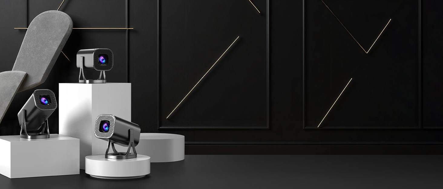 Product photography setup with geometric black backdrop featuring diagonal lines. White product display platforms and lighting equipment visible.