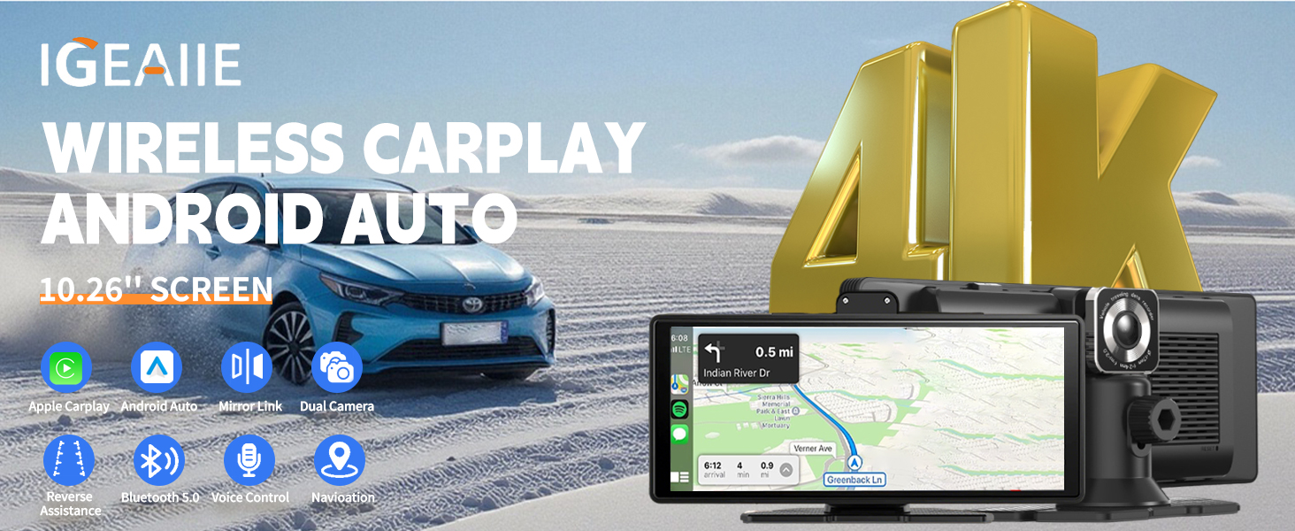 Text reads 'WIRELESS CARPLAY' and 'ANDROID AUTO'. Vehicle infotainment system display showing navigation interface with app icons and touchscreen functionality.
