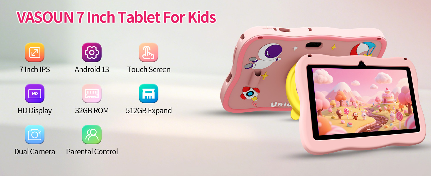 'VASOUN 7 inch Tablet For Kids' product image showing pink tablet device with app icons displayed, including YouTube, Camera, and other children's applications.