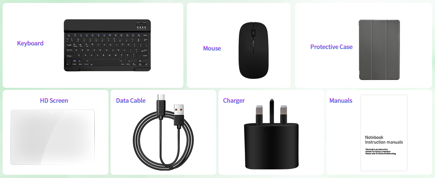 Product bundle featuring wireless keyboard, mouse, protective case, USB cable, charger, and manual arranged in grid layout.