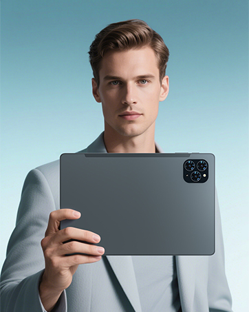 Series of product lifestyle photos showing someone in business attire interacting with a tablet device in different poses.