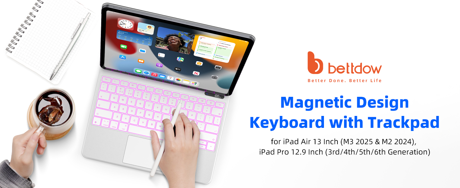 Text reads 'belldow Magnetic Design Keyboard with Trackpad' for iPad. Product image shows illuminated keyboard with trackpad attached to tablet device.