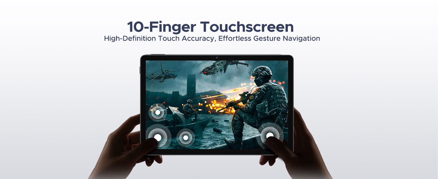 Text reads '10-Finger Touchscreen'. Product demonstration showing hands interacting with what appears to be a touchscreen device.