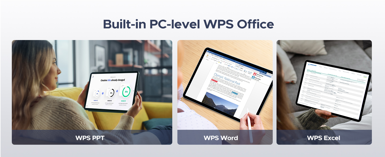 Text reads 'Built-in PC-level WPS Office'. Multiple device screens showing office software applications including spreadsheets and documents. Demonstration of cross-device compatibility.