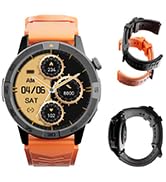 Smart watch product series showing multiple angles of black watch face with orange/brown leather straps, featuring digital display and mechanical design elements.