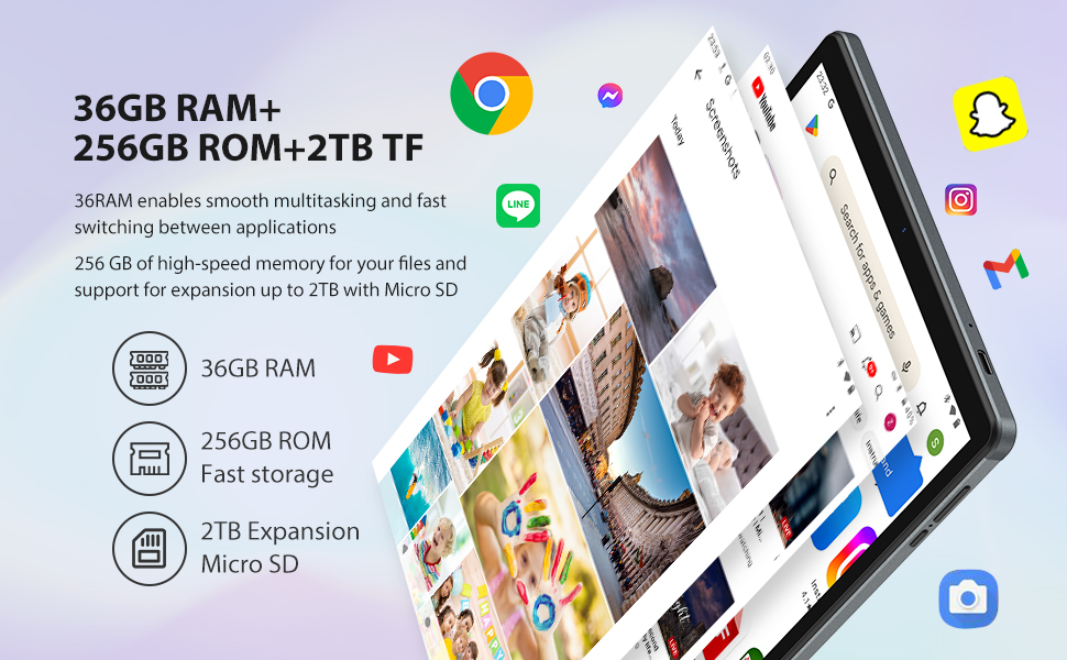 Text reads 'LINMOM Tablet, Android 15 Operating System, 10.4-inch, 36 GB RAM, 256 GB ROM, 8000mAh'. Tablet device shown from side view with pink-purple gradient screen display.