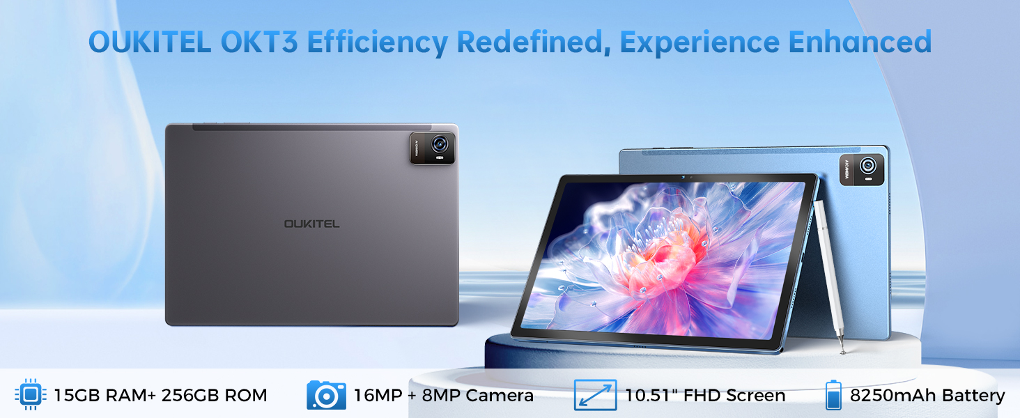 OUKITEL tablet device shown in two positions - flat and laptop mode, featuring HD screen, camera module, and technical specifications displayed below.