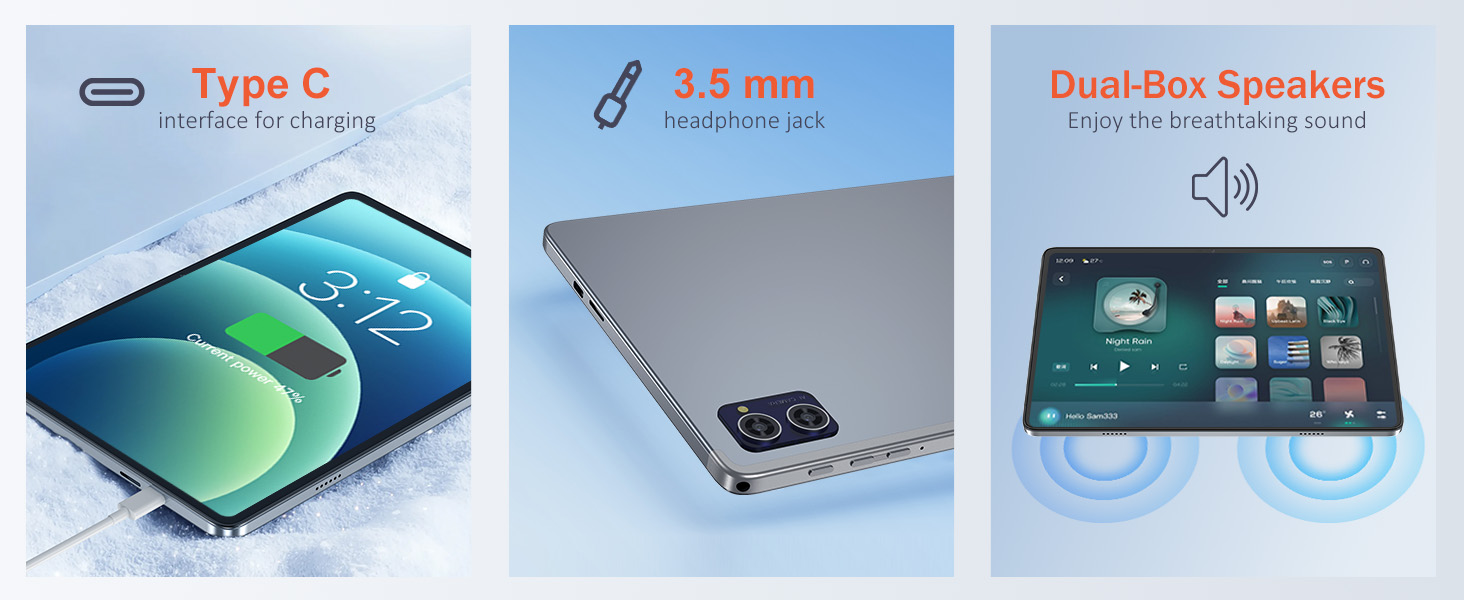 Tablet device with 8GB RAM and 128GB storage, displaying streaming app interface. Multiple movie posters shown behind the device, highlighting entertainment capabilities.