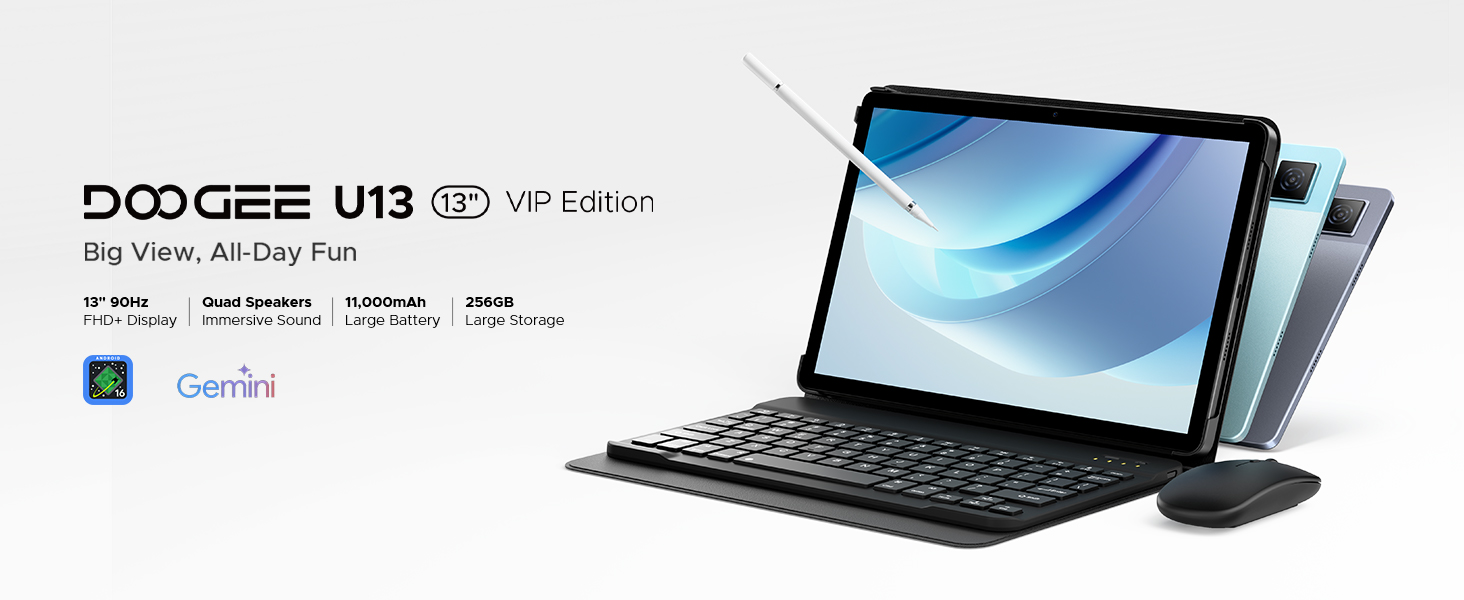 Text reads 'DOOGEE U13' with 'VIP Edition' label. Product image shows tablet device with attached keyboard and wireless mouse in sleek modern design.