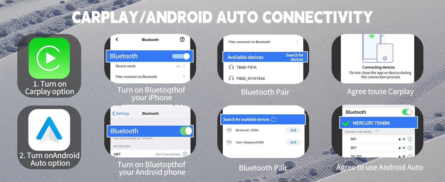 Text reads 'CARPLAY/ANDROID AUTO CONNECTIVITY'. Multiple phone interface screenshots showing navigation and music control options with blue and white color scheme.