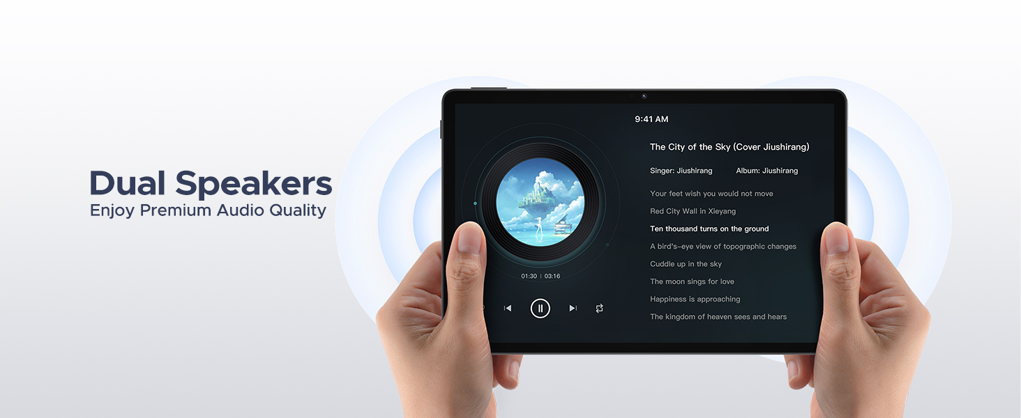 Text reads: 'Dual Speakers'. Black gaming device showing interface screen with audio controls and settings, featuring dual speaker system.