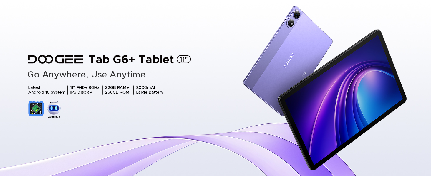 Text reads 'DOOGEE Tab G6+ Tablet'. Product image shows purple tablet device from multiple angles on white background with curved design elements.