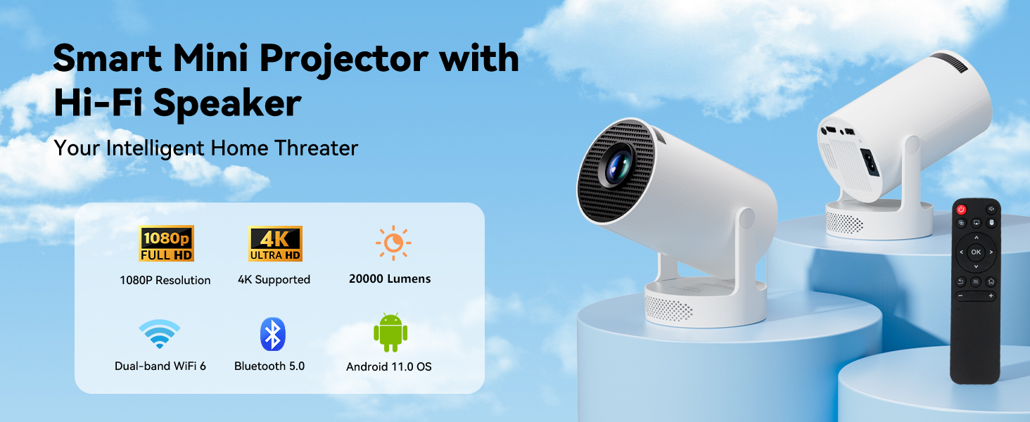 Text reads 'Image 6' and 'Smart Mini Projector with Hi-Fi Speaker'. Marketing images showing portable projector and speaker features.