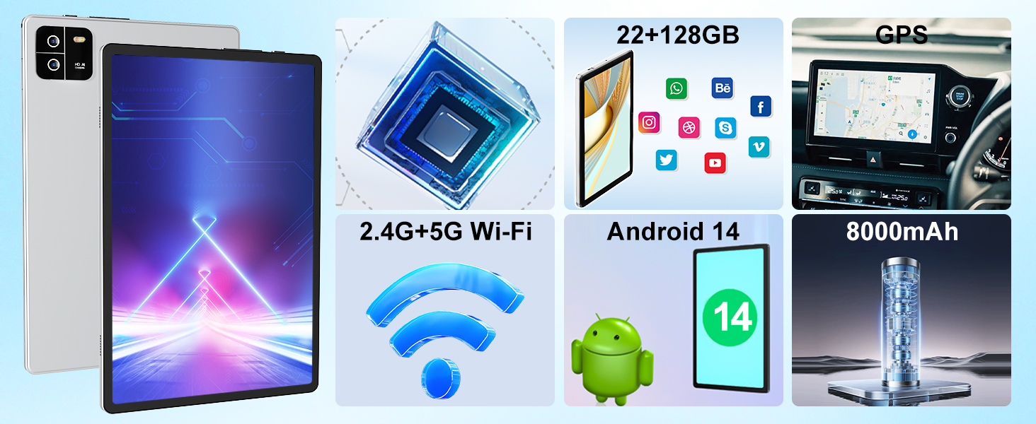 Widevine L1 tablet with 10-inch screen for HD video playback. Features web browsing, gaming, and facial ID. Image shows device with app icons and interface.