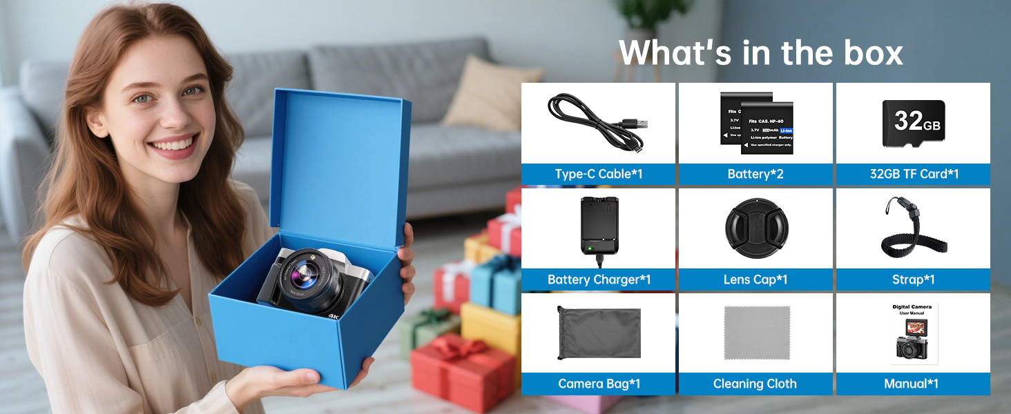 Text reads 'What's in the box?' Website or app interface showing product unboxing sequence with icons and navigation elements in blue and white color scheme.