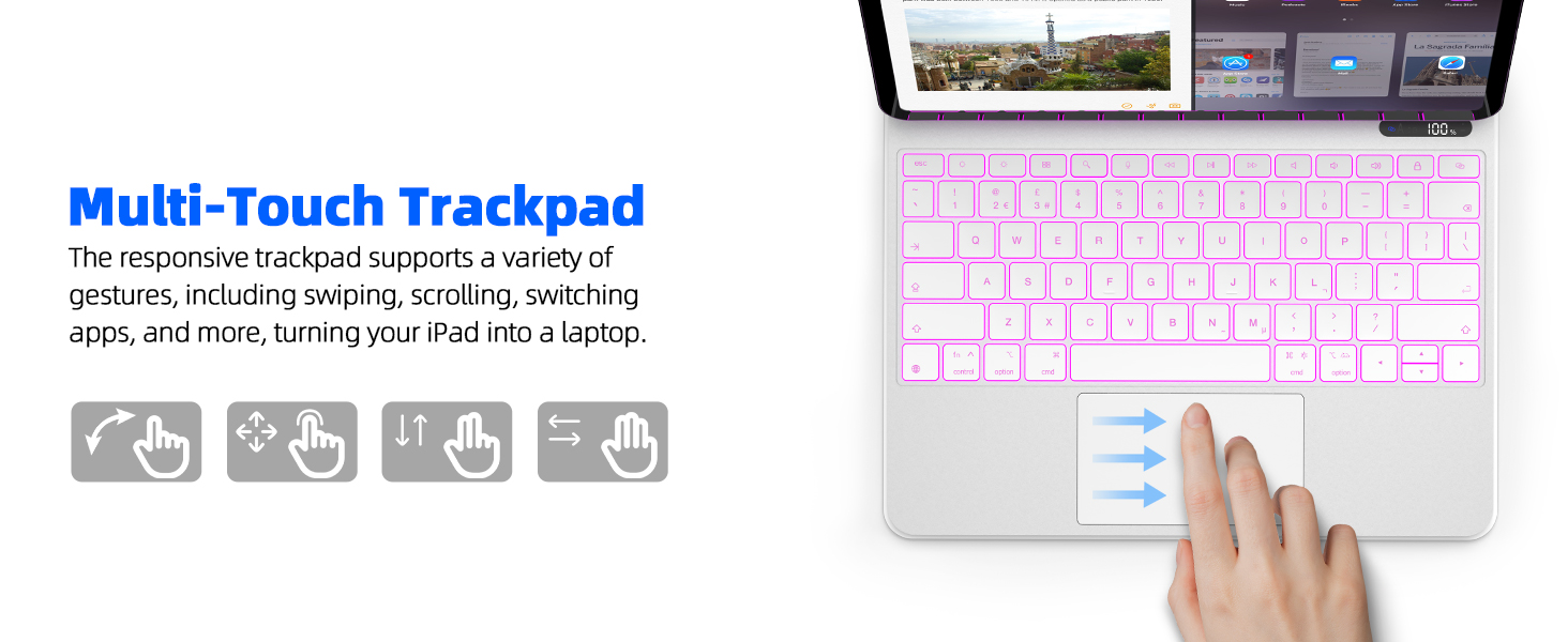 Text reads 'Function Keys For Use with iPadOS'. Multiple screenshots showing keyboard interface and settings screens for tablet device functionality.