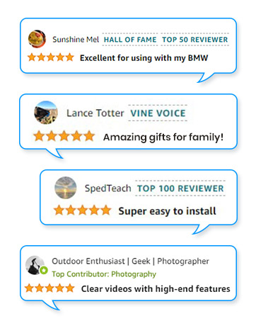 Four product review snippets with 5-star ratings. Comments mention BMW use, family gifts, easy installation, and high-end video features.