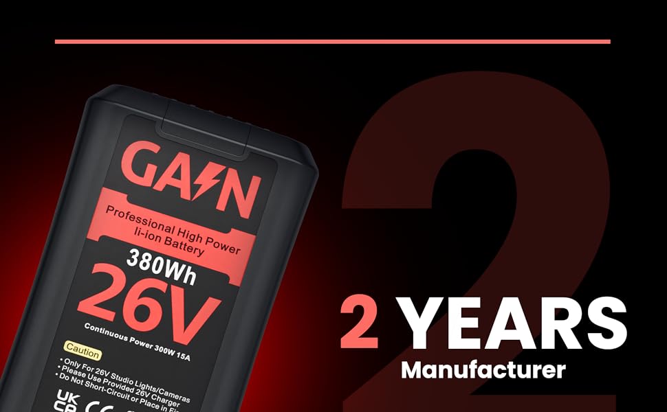 Product specification graphic showing '26V' and '2 YEARS' text in red against a dark background.