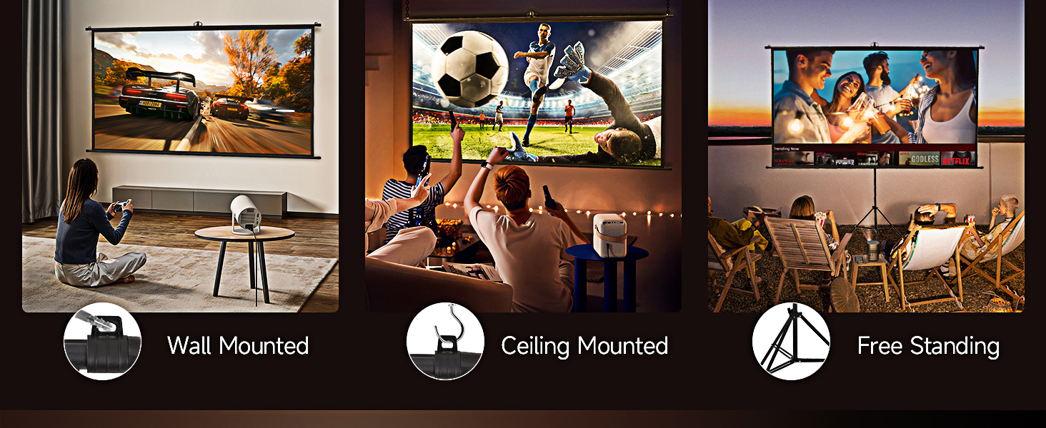 Text reads '3 Installation Methods for Indoor and Outdoor Use' with three icons showing different mounting options labeled for tape, screw, and stick.