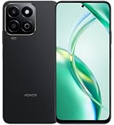 Green smartphone with quad-camera setup on back. Front view shows large display with hole-punch camera and curved green abstract design on screen.