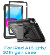 Black protective tablet case with card slots and folding stand feature, designed for iPad A16 11th/10th generation. Shows rainbow-colored screen display.