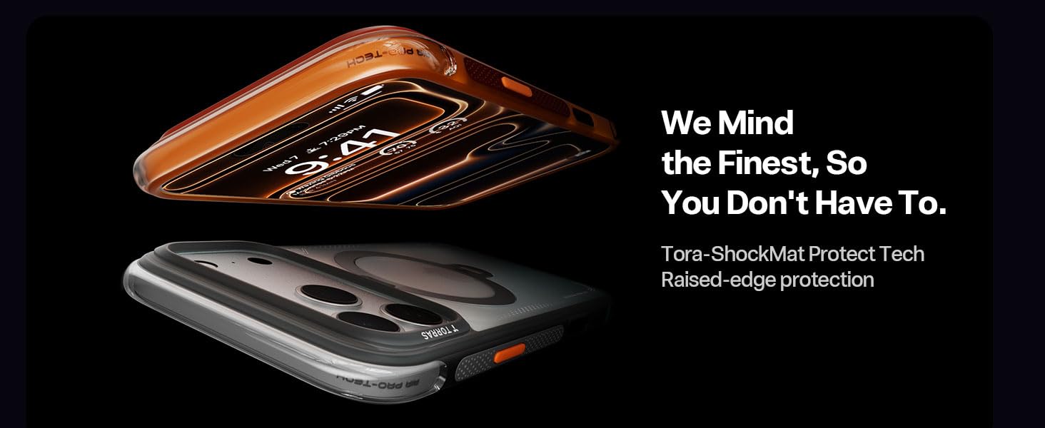 Text reads 'We Mind the Finest, So You Don't Have To.' Product photography of sleek protective phone cases in brown leather and clear designs against dark background.