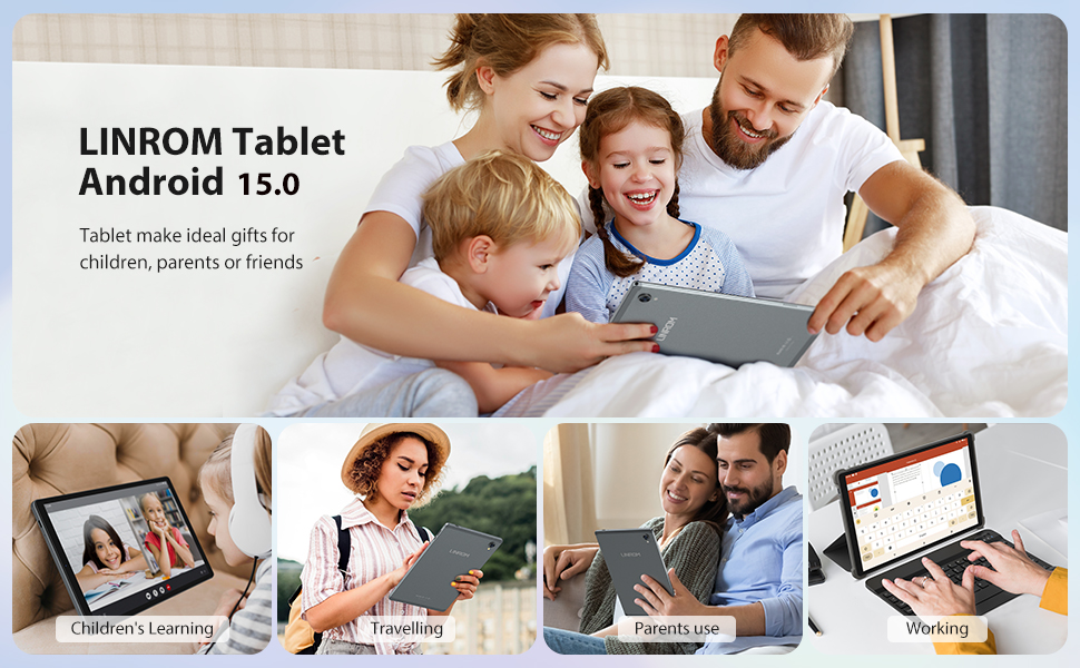 Multiple views of tablet or device usage, showing various screen interfaces and device orientations in different settings.