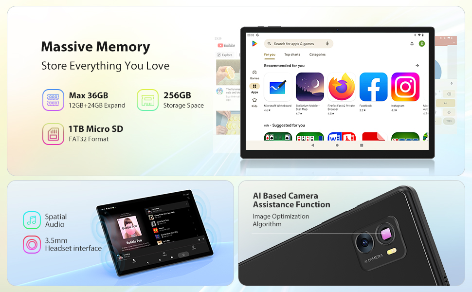 Tablet device interface showing customization menu with options for Privacy Control, Convenient Toolbar, Security Guide, and Parental Control against a gradient background.