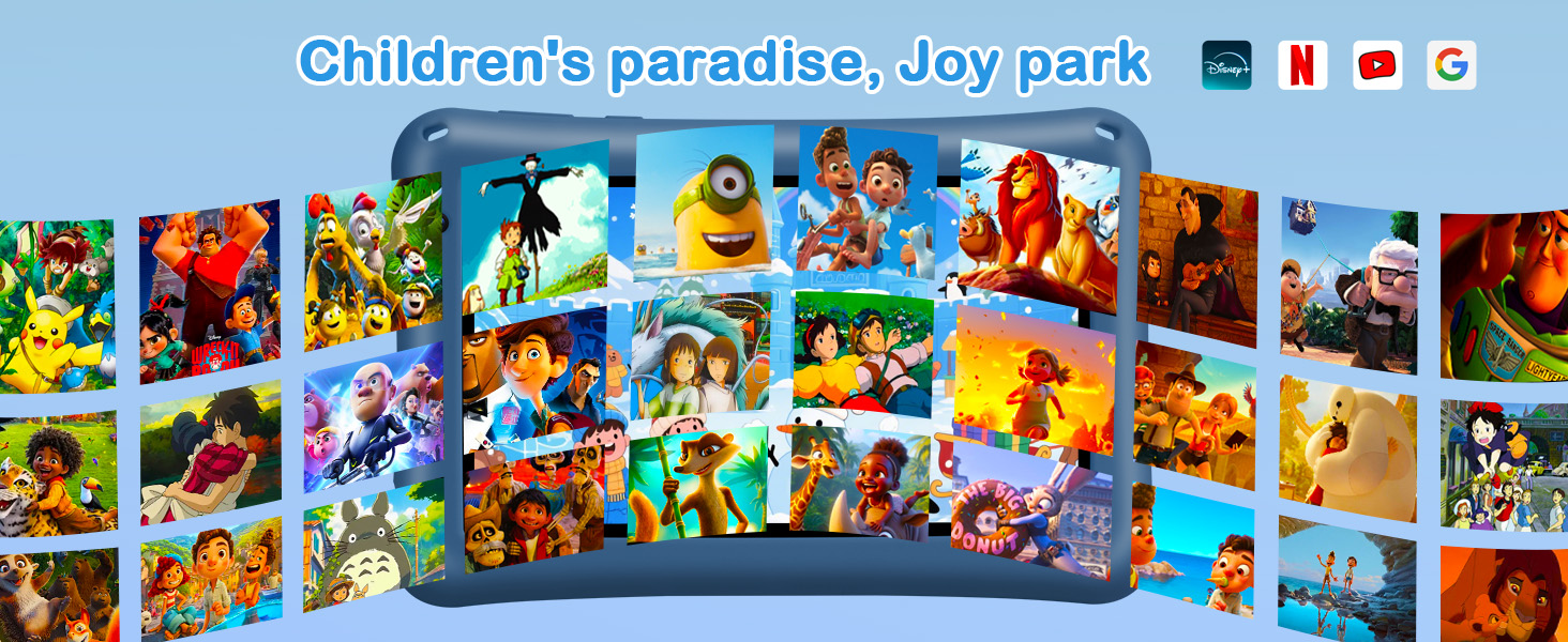 Text reads 'Children's puzzle play park'. Colorful banner showing cartoon-style illustrations of various playful scenes and characters.
