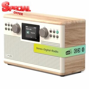 Pure Classic H6 Hi‑Fi Stereo Radio Tabletop Music System with DAB+ FM and Bluetooth 5 3 USB and AUX 2 4 inch Colour TFT Display Remote Dual Alarms Sleep and Kitchen Timers for – Cotton White/Oak
