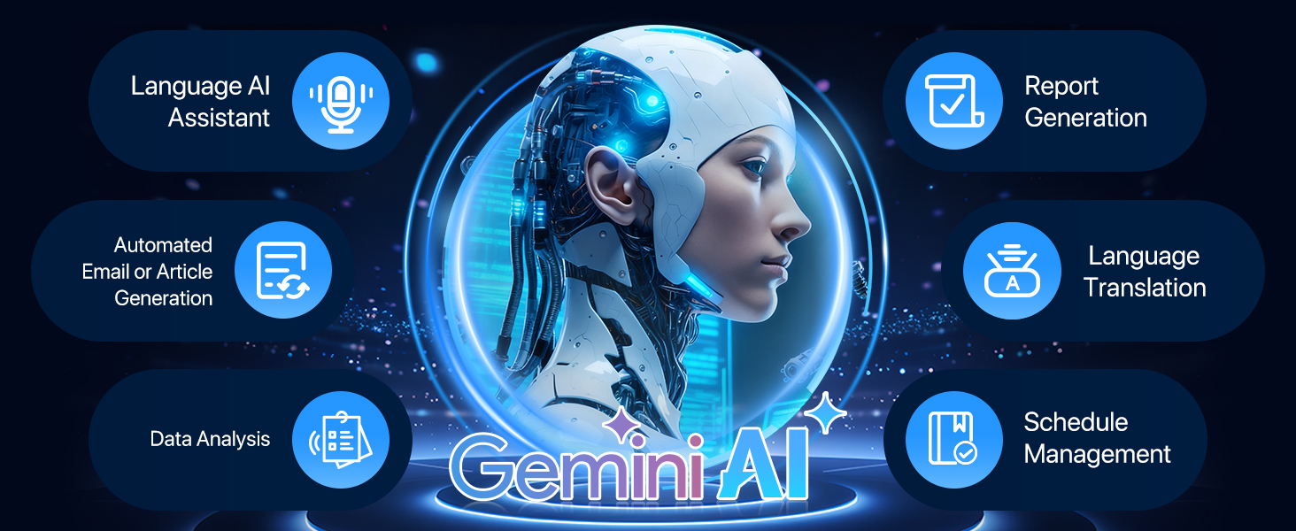 Marketing banner for AI language technology featuring blue glowing interface elements, icons for language translation, and data visualization against a dark background.