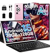 Text reads '5G WiFi', 'Android', '30GB+128GB', '8600mAh'. Product showcase of tablet device with keyboard attachment featuring technical specifications and multiple viewing angles.