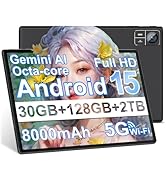 Text reads 'Android 13', 'Gemini AI', 'Octa-core', '30GB+128GB+2TB'. Promotional collage showing tablet device with keyboard accessory and various specifications.