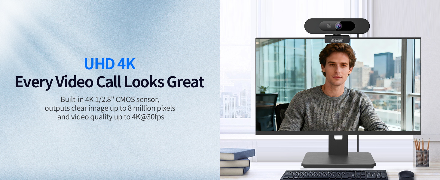 Text reads 'UHD 4K', 'Every Video Call Looks Great'. Marketing image showing webcam setup with computer monitor and desktop arrangement.