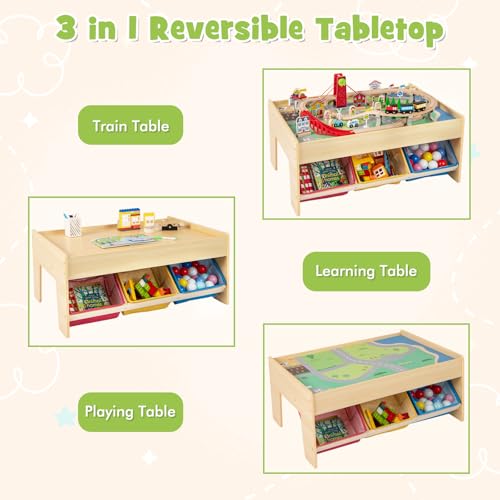 94 Pieces Wooden Kids Activity Toy Table Playset with 3 Foldable Boxes Reversible Detachable Tabletop