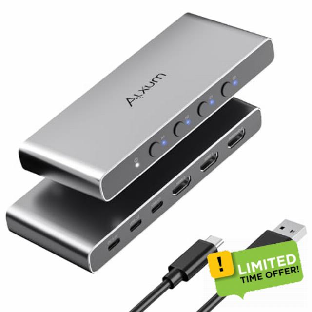 Alxum Aluminum Dual USB-C&HDMI Switch 4 PC 1 Monitor 2x HDMI & 2x Type C Inpu to 1xHDMI Video Switcher HDR for 4 Computers Share A Single Monitor Support 4K@60Hz HDR for Laptop/Phone/PC/TV Box Grey