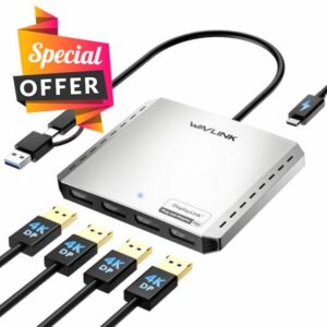 WAVLINK USB 3.0 or USB C to Quad Displayport Splitter Extended Display for Four Monitor with 85W PD