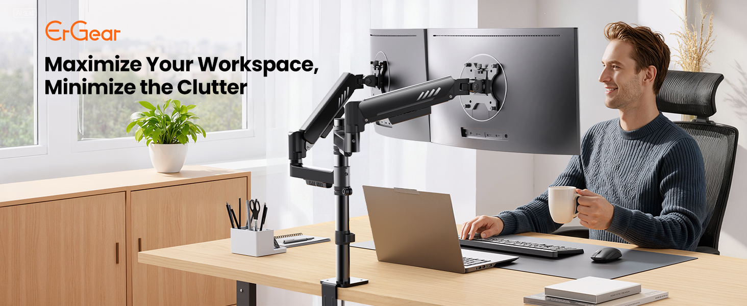 Text reads 'ErGear' and 'Maximize Your Workspace, Minimize the Clutter.' Series of images showing monitor arm mounted to desk with computer display setup.