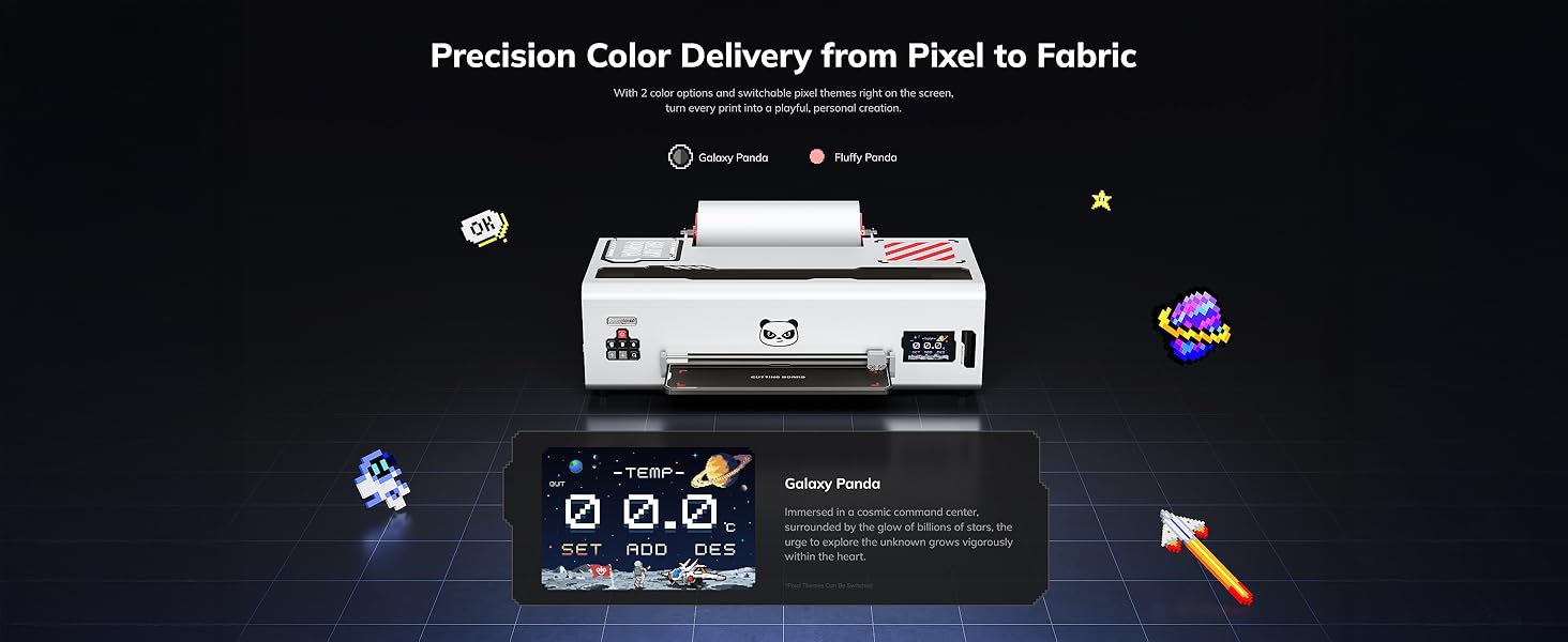 Text reads: 'Precision Color Delivery From Pixel to Fabric'. Digital illustration showing white printer device with gaming-style pixel characters around it against dark background.