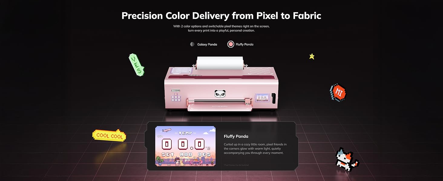 Text reads 'Precision Color Delivery from Pixel to Fabric' with pink printer device shown against black background with animated character elements.