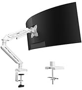 Dual monitor mount with articulating arms shown in black finish, featuring clamp mount design and cable management system with turquoise highlights.